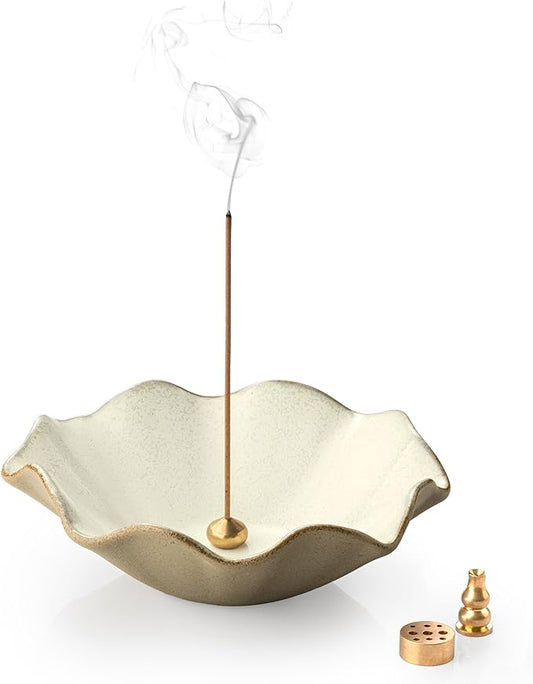 4 in 1 Incense Holder Incense Burner with 3 Incense Sockets, 6 Inch Incense Holder for Sticks, Lotus Cone Incense Bowl, Incense Stick Holder for Meditation Yoga Home, White