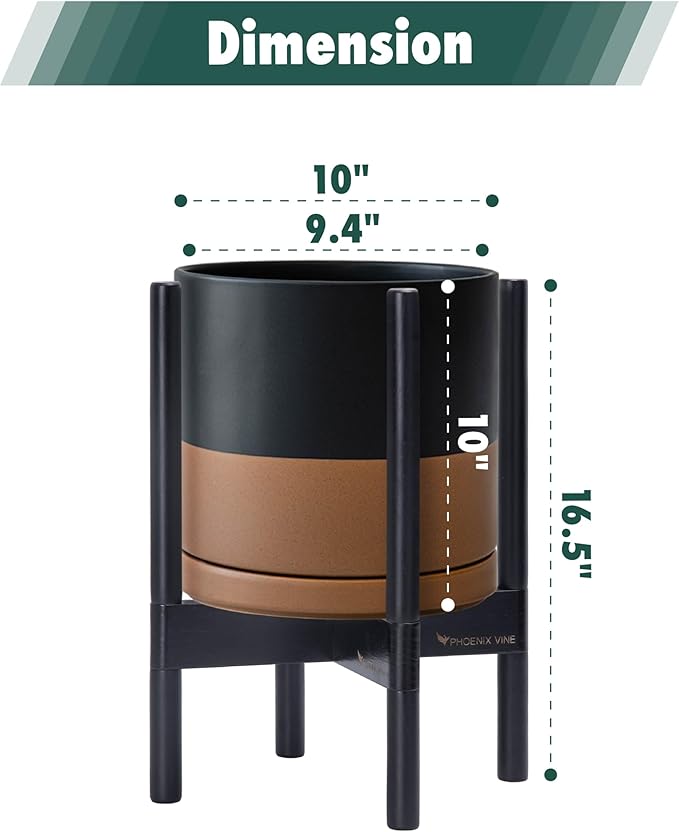 D'vine Dev Ceramic Planter with Ebony Stand - 10 Inch Modern Round Flower Pot with Wood Planter Holder, Black/Speckled Tan, 55-B-L-7 - Bloomnest