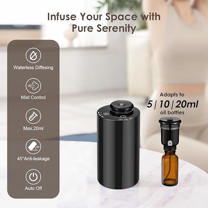 Waterless Essential Oil Diffuser, Battery Powered Mini Scent Air Machine, Aromatherapy Mist Diffuser for Home Room Car Office (Black-PP) - Bloomnest