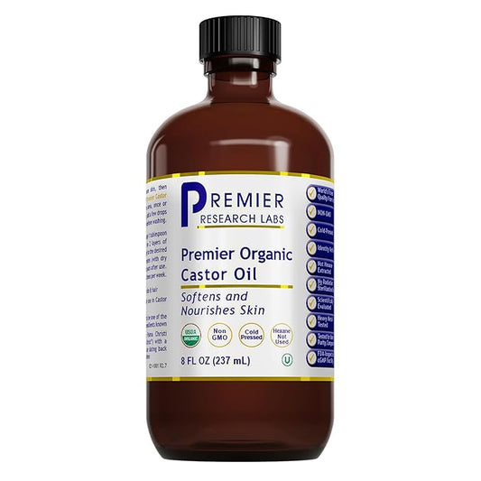 Premier Research Labs Organic Castor Oil for Face - Cold Pressed 100% Pure Castor Oil for Hair Growth, Skin & Body, Hexane Free - 8 Oz Bottle - Bloomnest