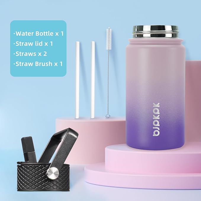 BJPKPK Water Bottle with Straw Lid, 15 oz Insulated Water Bottle, Stainless Steel Metal Water Bottles, Reusable Leak Proof BPA Free Thermo, Flask, Cups,Violet - Bloomnest