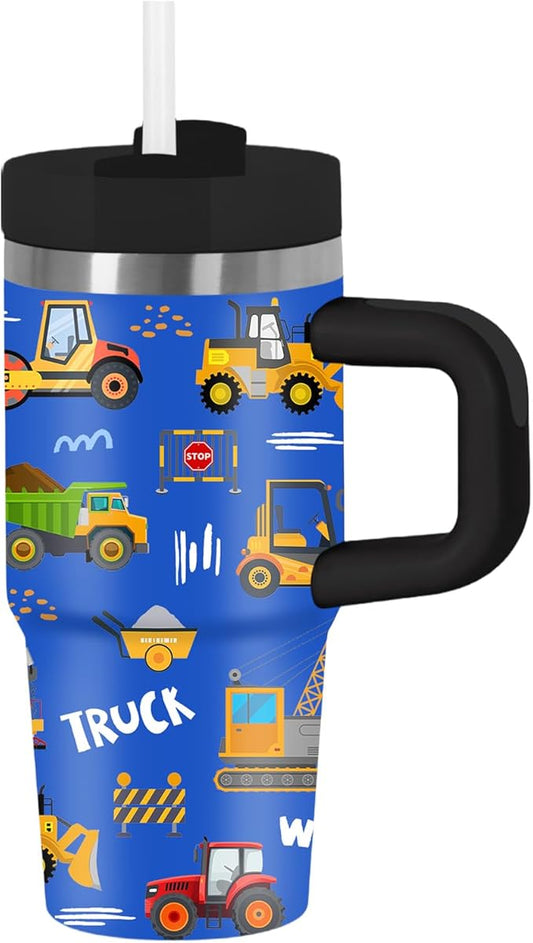 Construction Tumbler with Handle Straw for Kids 14oz, Insulated Stainless Steel Cup for Boys, Birthday Christmas Back to School Gifts for Kids Boys - Bloomnest