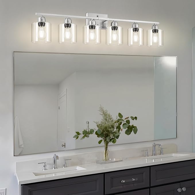 Modern Brushed Nickel 6 Light 38 inch Vanity Lights for Bathroom with Clear Glass, Vanity Light for Mirror Kitchen Living Room Hallway Cabinet Porch - Bloomnest
