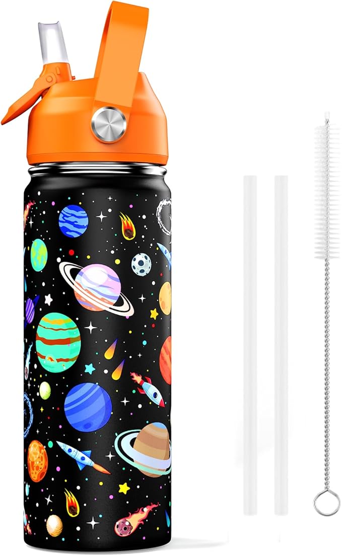 18oz Kids Insulated Water Bottle with Straw Lid - 18/8 Stainless Steel Kid Cup BPA-FREE Travel Tumbler Double Wall Vacuum Leak Proof Portable Toddler Water Bottle (Space) - Bloomnest