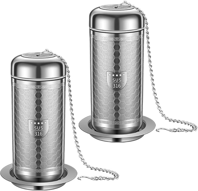 2 Pack Tea Infuser with Drip Tray, Extra Fine Mesh Tea Infusers for Loose Tea, 316 Stainless Steel Tea Strainer with Extended Chain Hook, Tea Steeper (2 Pack - Large) - Bloomnest