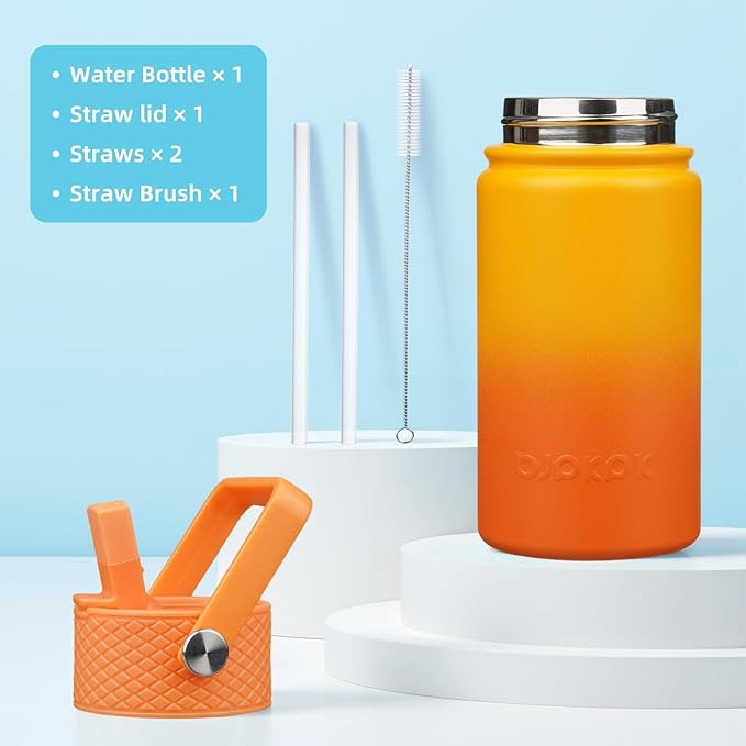BJPKPK Insulated Water Bottle with Straw Lid, 15oz Cute Water Bottles, Stainless Steel Metal Thermo, Reusable BPA Free Leak Proof Tumblers, Cups,Sunset Orange - Bloomnest
