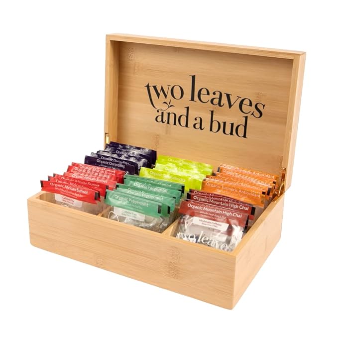 Two Leaves and a Bud Organic Tea Sampler in 6-Slot Bamboo Presentation Box - Filled Gift Box with Tea Assortment of Green, Black, and Herbal Teas - Bloomnest