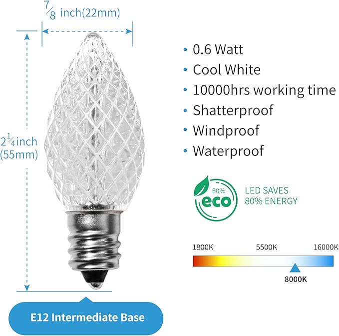 Meconard C7 Led Replacement Christmas Light Bulbs, C7 Shatterproof Led Bulbs for Christmas Indoor Outdoor String Lights, E12 Candelabra Base, Commercial Grade Holiday Bulbs, Cool White, 25 Pack - Bloomnest