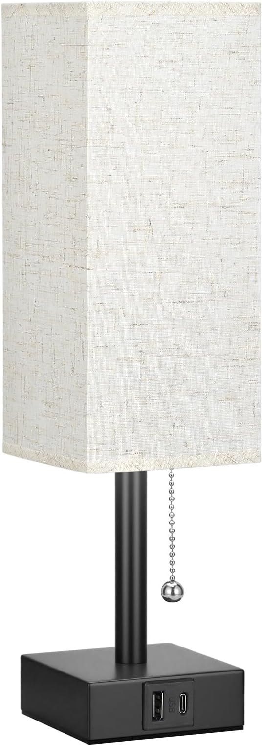 Bedside Table Lamp with 3 Color Temperatures - 3000/4000/5000K Small Lamp with USB C+A Ports, Nightstand Lamp with 3 Color Modes by Pull Chain, Bedroom Lamp for Living Read Work(LED Bulb Included) - Bloomnest