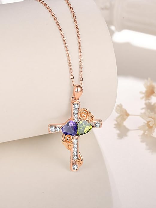 Rose Gold Dual Birthstones Cross Necklace for Women Rose Flower Jewelry Anniversary Christmas Mother's Valentine's Day Birthday Gift for Wife Girlfriend Mom - Bloomnest