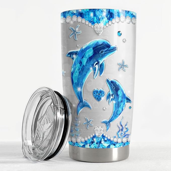 SANDJEST Dolphin Tumbler 20oz Stainless Steel Insulated Tumblers Coffee Travel Mug Cup Jewelry Drawings Style Gifts for Women Girls Teen Gift for Birthday Christmas - Bloomnest