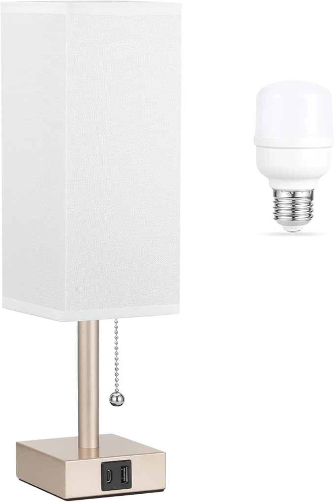 aooshine White Small Table Lamp for Bedroom - 3 Color Temperature 3000K 5000K 4000K Bedside Lamp, Pull Chain Control, USB A and C Ports, Light Gold Base, Bulb Included - Bloomnest