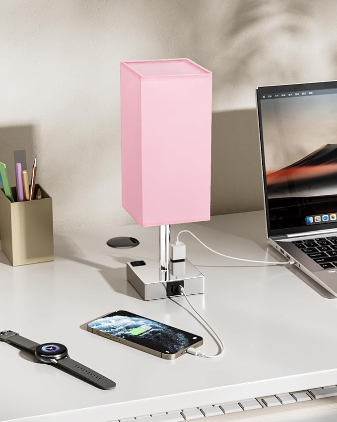 Touch Bedside Table Lamp for Nightstand - 3-Way Dimmable Night Lamp with USB A + Type C Charging Ports and Two AC Outlets, Small Desk Light with E26 LED Bulb for Bedroom Living Room Dorm Office, Pink - Bloomnest