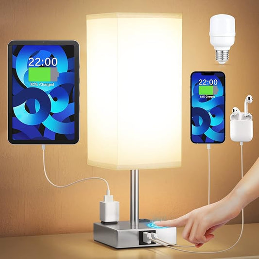 【Upgraded】Bedside Table Lamp Touch Control, with USB C+A Charging Ports & Dual AC Outlets, 3-Way Nightstand Lamp for Bedroom with LampShade Living Room Office(LED Dimmable Bulb Included) - Bloomnest