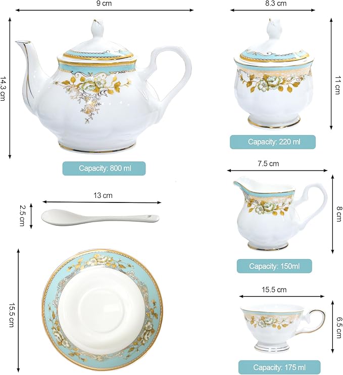 Bone China Tea Set, 21-Pieces Porcelain Tea Set for Adults, Tea Cups And Saucers for 6, with Teapot, Spoons, Sugar Bowl, Creamer Pitcher, Vintage Tea Set for Women Tea Party (Green) - Bloomnest
