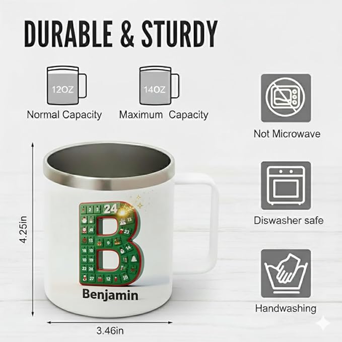 Personalized Christmas Advent Calendar Mug with Custom Name & Initial - 14oz Insulated Stainless Steel Tumbler with Handle & Lid - Unique Holiday Countdown Gift for Women, Men, Family (B62) - Bloomnest