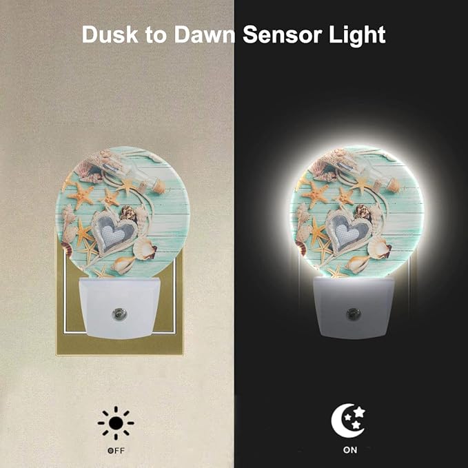 EKOBLA Beach Night Lights Plug into Wall Seashell Starfish on Wooden Board Coastal Led Dusk to Dawn Plug-in Nightlights Auto Sensor for Home Indoor Bathroom Hallway Kitchen - Bloomnest