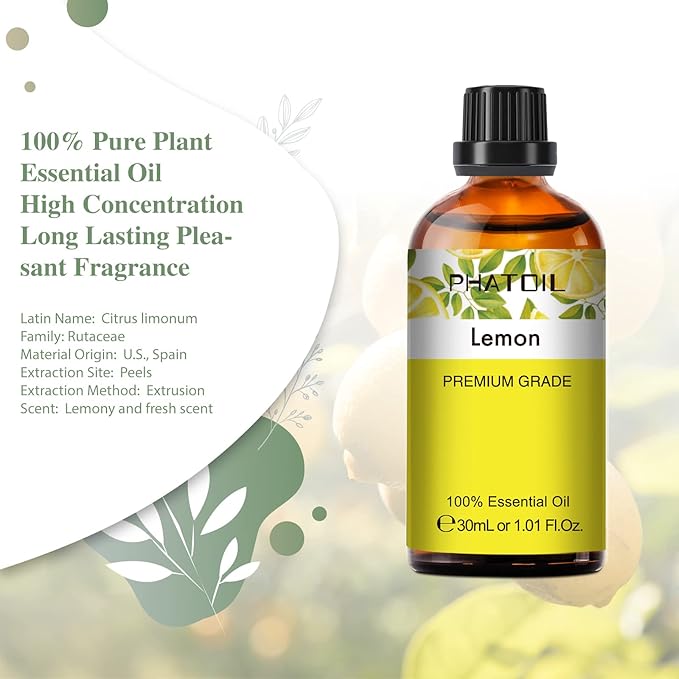 PHATOIL 1.01FL.OZ Lemon Essential Oil, Pure Aromatherapy Essential Oils for Diffuser, Humidifier, Scented Oils for Soap, Candle, Bath Bombs Making(30ML) PHATOIL