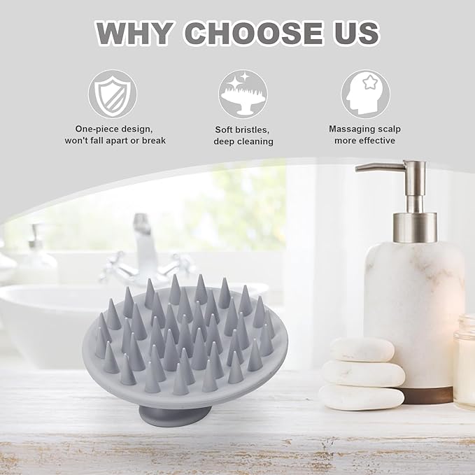 Meartchy Silicone Scalp Massager Shampoo Brush, Scalp Brush for Hair Growth & Dandruff Removal, Hair Scrubber Scalp Stimulator Exfoliator Brush with Soft Bristles for Wet Dry Scalp Care (Grey) Meartchy