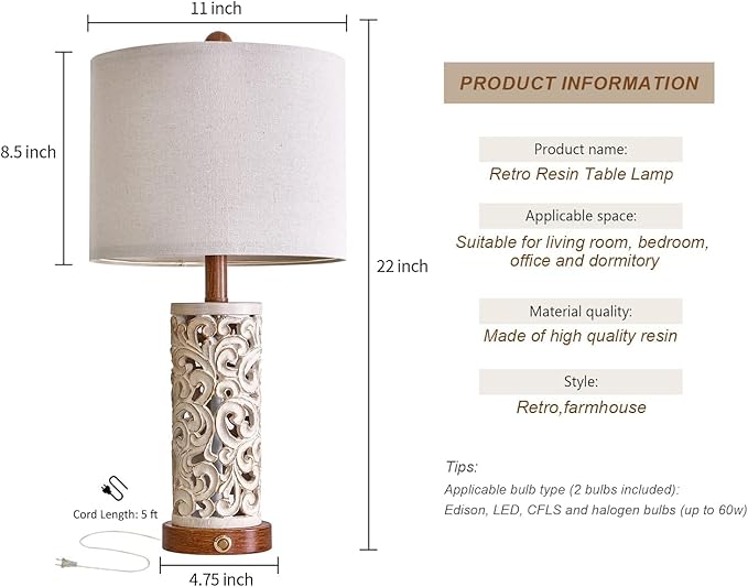 OYEARS 3-Way Dimmable 22'' USB A+C Touch Control Table Lamp Set of 2 with Nightlight for Living Room Bedroom Farmhouse Bedside Nightstand Lamps (Brown, Bulb Included) - Bloomnest