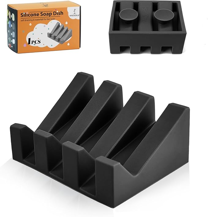 Silicone Soap Dish with Drain, Upgrade Double Suction Cups at The Bottom for Anti-Slip and Stability, Soap Dish Shower Waterfall Bar Soap Holder Tray with Drain Soap Holder (1, Black) - Bloomnest