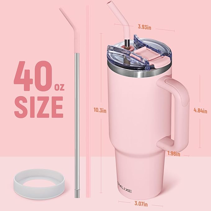 40 oz Tumbler with Handle and Straw Lid,Insulated Reusable Stainless Steel Water Bottle Travel Mug，Cupholder Friendly Double Wall Vacuum Sealed Cup (Pink) - Bloomnest