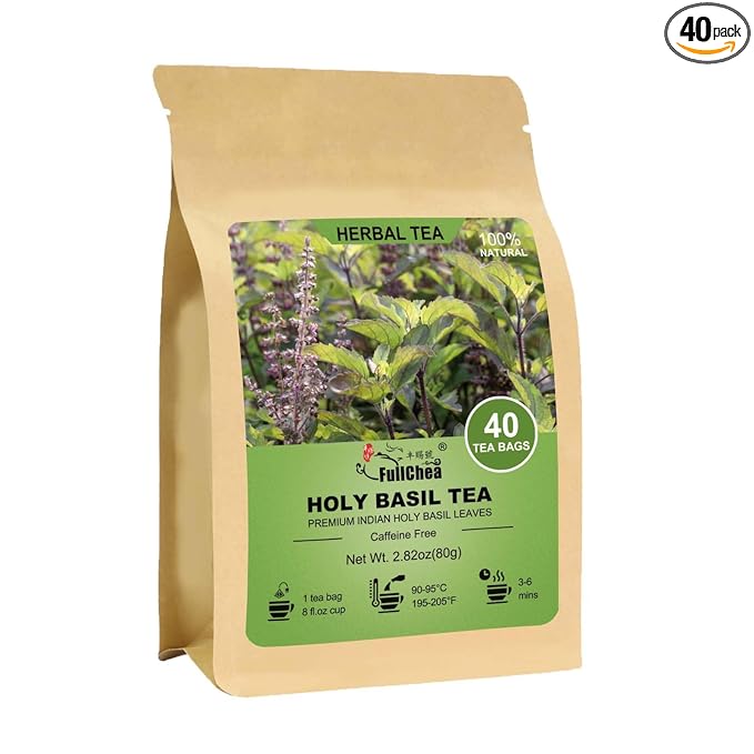 FullChea - Holy Basil Tea Bags, 40 Tulsi Teabags, 2g/bag - Premium Holy Basil Leaves - Non-GMO - Caffeine-free - Support Digestion & Boost Immunity - Bloomnest