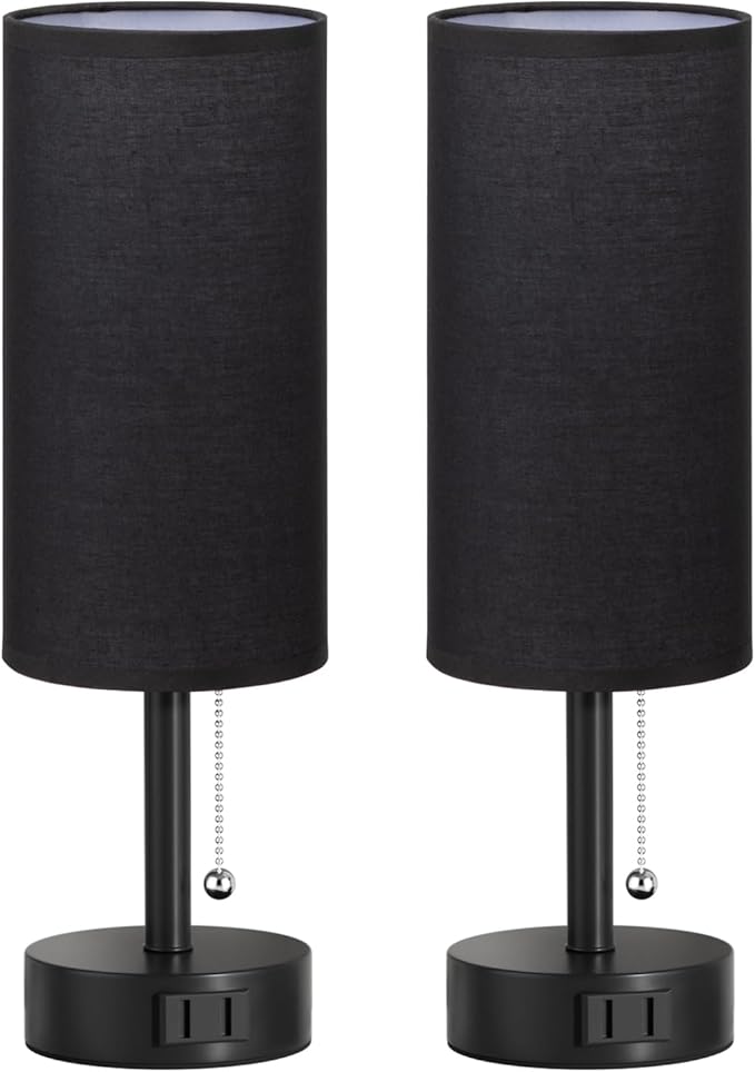 Fenmzee Black Bedside Table Lamps Set of 2-3 Color Temperatures Pull Chain Lamp with AC Outlet Charging Port, Round Night Stand Lamps for Bedroom Office, Small Bed Side Light with E26 LED Bulbs - Bloomnest