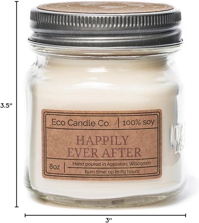 ECO CANDLE CO. Mason Jar Candle, Happily Ever After, 8 oz. - Scents of Wedding Bouquets - 100% Soy Wax, No Lead, Kraft Label & Antiqued Pewter Lid, Hand Poured, Made from Midwest Grown Soybeans - Bloomnest