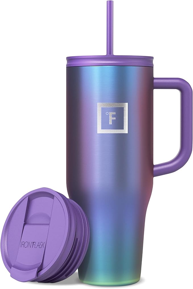 IRON °FLASK Co-Pilot Insulated Mug w/Straw & Flip Cap Lids - Cup Holder Bottle for Hot, Cold Drink - Leak-Proof - Water, Coffee Portable Travel Mug - Aurora, 40 Oz - Bloomnest