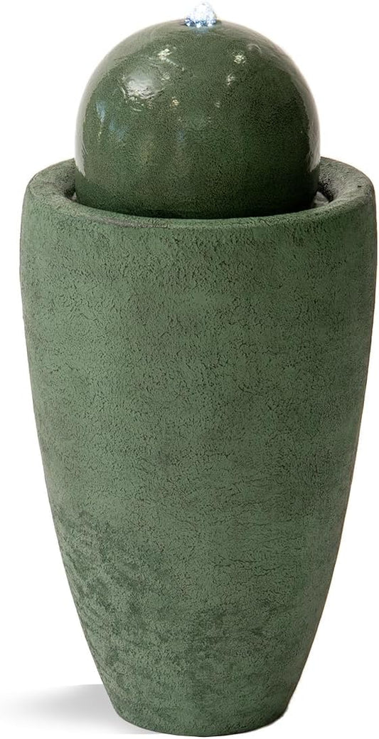 XBrand 25.98" H Round Stone Indoor/Outdoor Modern Stone Textured Sphere Water Fountain w/LED Lights, Green - Bloomnest
