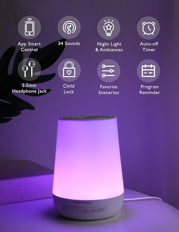 Baby Sound Machine, Momcozy White Noise Machine for Baby Sleeping with Night Light, Toddler Sleep Trainer with 34 Soothing Sounds, Timer, App Remote Control, Personal Sleep Routine (Blue) - Bloomnest