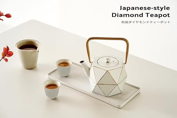 Toptier Cast Iron Teapot, Stovetop Safe Japanese Cast Iron Tea Kettle, Diamond Design Tea Pot with Removable Infuser for Loose Tea, 30 Ounce (900 ml), White - Bloomnest