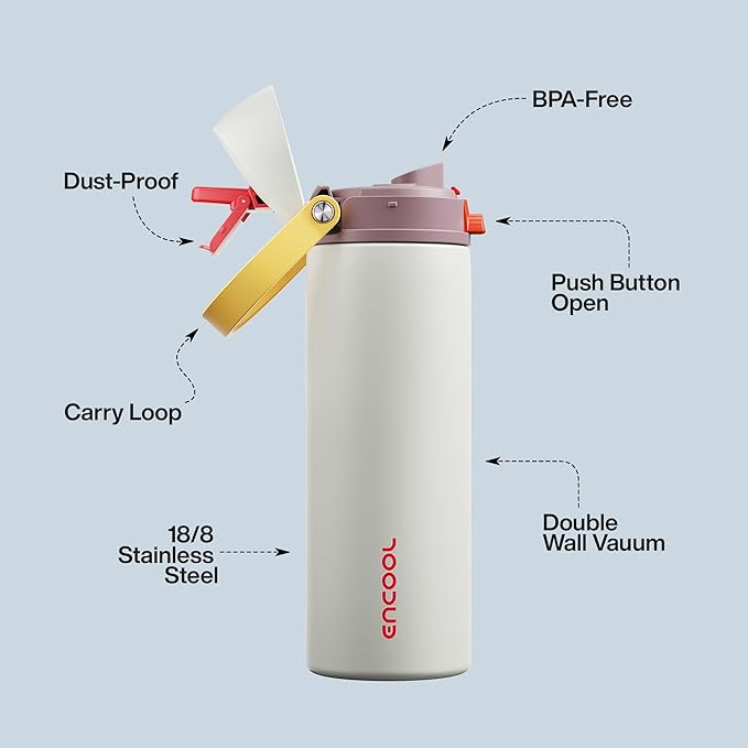 Insulated Water Bottle with Straw - Encool Stainless Steel Water Bottle with Push Button Lid, Leak-Proof & BPA-Free, Keeps Cold for 24 Hours for Sports, Travel, Gym (24 oz, Quill Grey-Red) ENCOOL