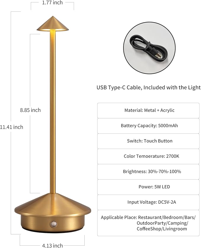 Modern Cordless Table Lamp Set of 2, Portable LED Desk Lamps, 5000mAh Rechargeable Battery Operated Lighting for Bedroom Dining Room Restaurant Coffee Shop Camping Night Light (Gold) - Bloomnest