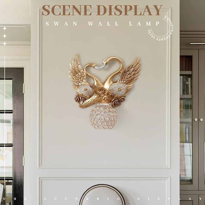Vintage Swan Wall Sconce with Crystal Beaded Lampshade, Luxury Indoor Resin Animal Wall Sconce Light Creative Heart Shaped Wall Mount Light Fixtures for Bedroom Living Room Hallway Deco (Gold) - Bloomnest