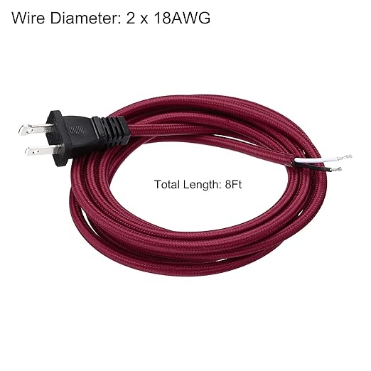 uxcell 8Ft 18/2 Cloth Covered Lamp Cord with Plug, Vintage Electrical Lamp Cord with Stripped Ends for Extension Wiring DIY Repairing, Claret