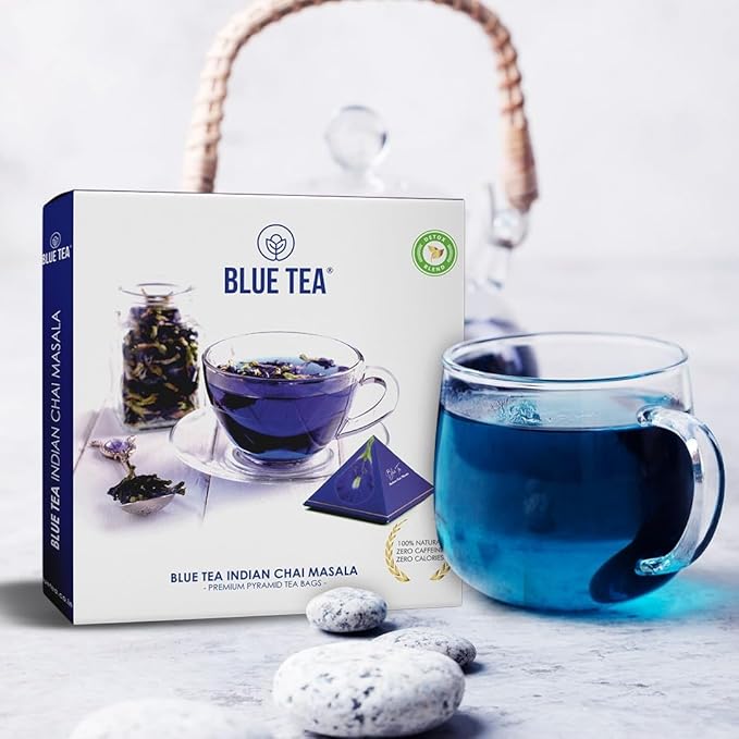 BLUE TEA - Indian Chai Masala - 12 Count - Pyramid Plant Based Tea Bag | Butterfly Pea Flower | Flower & Indian Spices Based | Caffeine Free - Detox Tea - Herbal Tea - Non Bitter | Gifts Box - Bloomnest