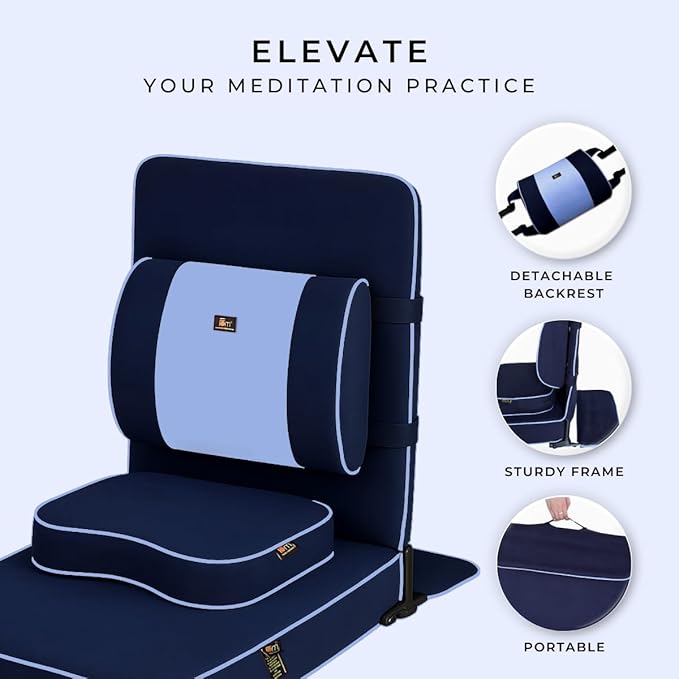 Friends Of Meditation Extra Large Meditation Chair | Floor Chair with Back Support | Yoga Chairs for Adults | Portable Folding Chair | Yoga Chair with Cushion & Meditation Block | Navy Blue | 24x22 in - Bloomnest
