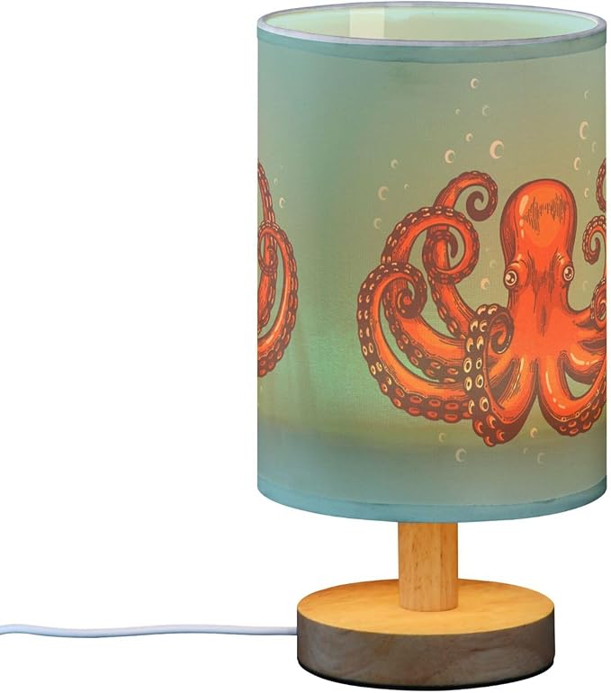 Table Lamp Retro Vintage Red Octopus Ocean Bubble on Blue Nightstand Lamp with Wood Base Fabric Lamp Shade Bedside Desk Lamp for Living Room Bedroom Kids Room Office - Bloomnest