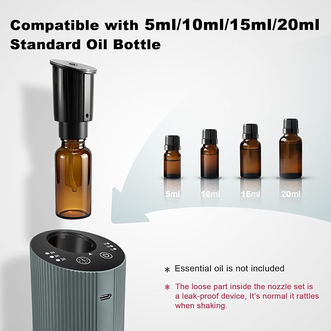 Waterless Essential Oil Diffuser for Home Car Office, Scent Diffuser with 4 Timer (1/3/6H & Off) & 3 Mist(L/M/H), Rechargeable Aromatherapy Diffuser, Portable Mini Air Aroma Diffuser, Silver Grey - Bloomnest