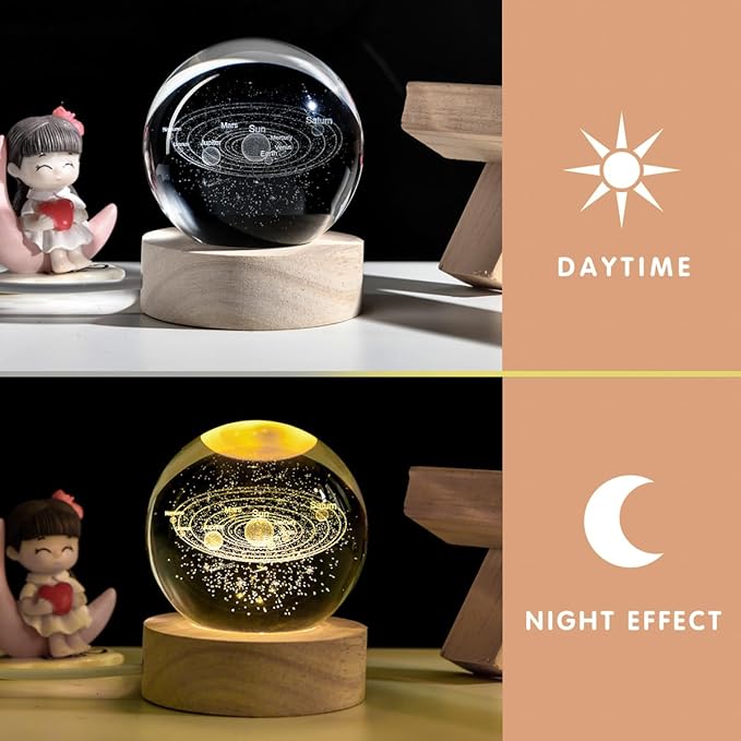 Solar System 3D Crystal Ball with LED Stand, 60mm Galaxy Model Decor Glass Sphere Lamp Night Light, Space Universe Astronomy Gifts for Women Men Mom Kids - Bloomnest