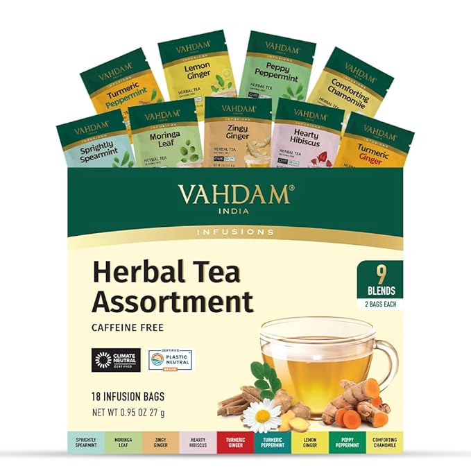 VAHDAM, Assorted Herbal Tea Sampler (18 Tea Bags, 9 Flavors) Caffeine-Free, Non-GMO | Double Infusion, Individually Enveloped Tea Bags | Herbal Tea Assortment - Bloomnest