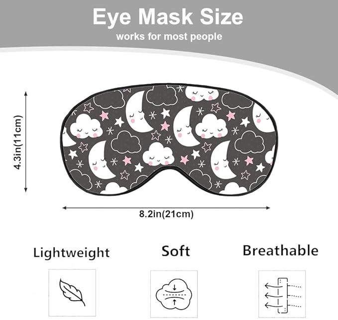 Grey Night Sleep Eye Mask Eye Cover Cute Cartoon Clouds Moons White Pink Silk Eye Mask for Sleeping with Adjustable Strap for Travel Nap Shift Work Office - Bloomnest