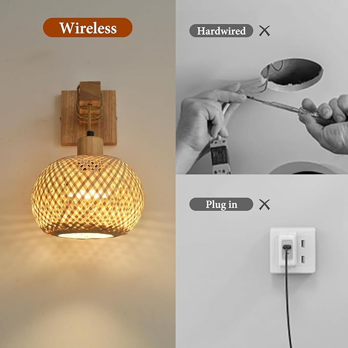 Battery Operated Wall Sconce Set of Two, Rechargeable Bamboo Wall Sconces with Remote RGB 15 Colors Dimmable, Farmhouse Boho Wall Lights for Bedroom Living Room Entryway - Bloomnest