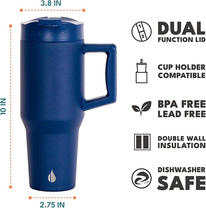 Elemental 32 oz 100% Leak Proof Tumbler with Handle & Straw - Stainless Steel Double Wall Insulated Tumbler for Hot and Cold Beverages - Travel Coffee Mug with Sip & Straw Lid - Navy - Bloomnest