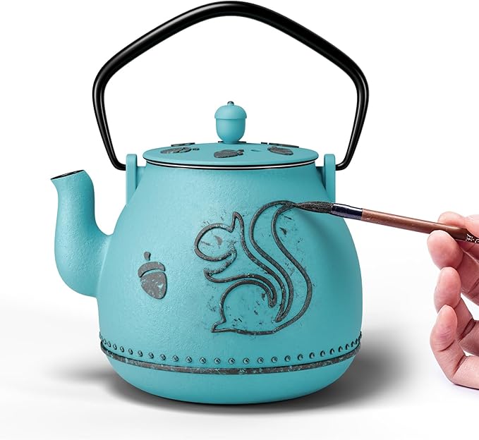 Toptier Teapot with Removable Infuser, Cast Iron Tea Kettle Stovetop Safe, Squirrel Design Tea Pot Coated with Enameled Interior for 32 Ounce (950 ml), Blue - Bloomnest