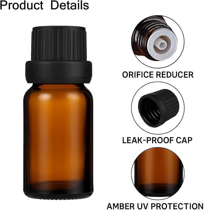 10Packs 10ml Amber Glass Essential Oil Bottles Refillable Dropper Vials with Black Caps and Orifice Reducer Empty Sample Containers for Essential Oils, Perfume, Aromatherapy, DIY Crafts