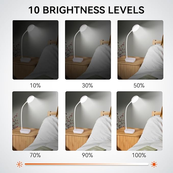 Small desk lamps for small spaces,2 Pack White,Rechargeable desk lamp battery powered,3 light colors,Eye protection light,10 Adjustable brightness,400 lumens,Gooseneck hose,Desk lamps for home office - Bloomnest