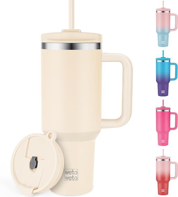 WETOWETO 40oz Tumbler with Handle | Insulated Stainless Steel Travel Mug | 34Hrs Cold & 10Hrs Hot Retention | 100% Leakproof Lid & Straw | Dishwasher Safe + Car Cup Holder Fit (Cream Color) - Bloomnest